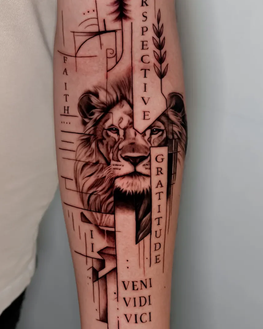 Fine line geometric lion and lettering tattoo on the forearm