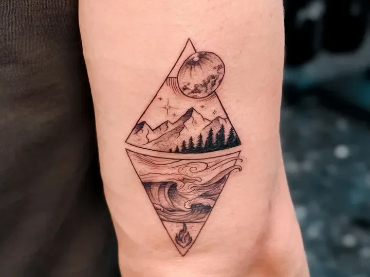 Mountains, sea and moon geometric tattoo — a Madeira memory by Hugo Gonzalez