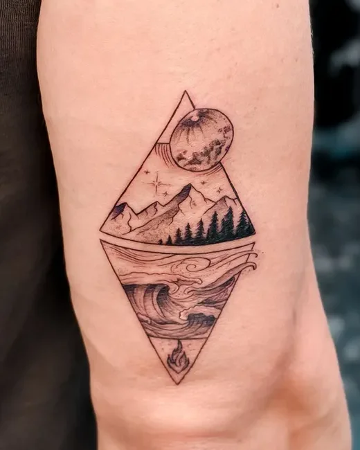 Madeira memory mountain, sea and moon geometric tattoo on the arm