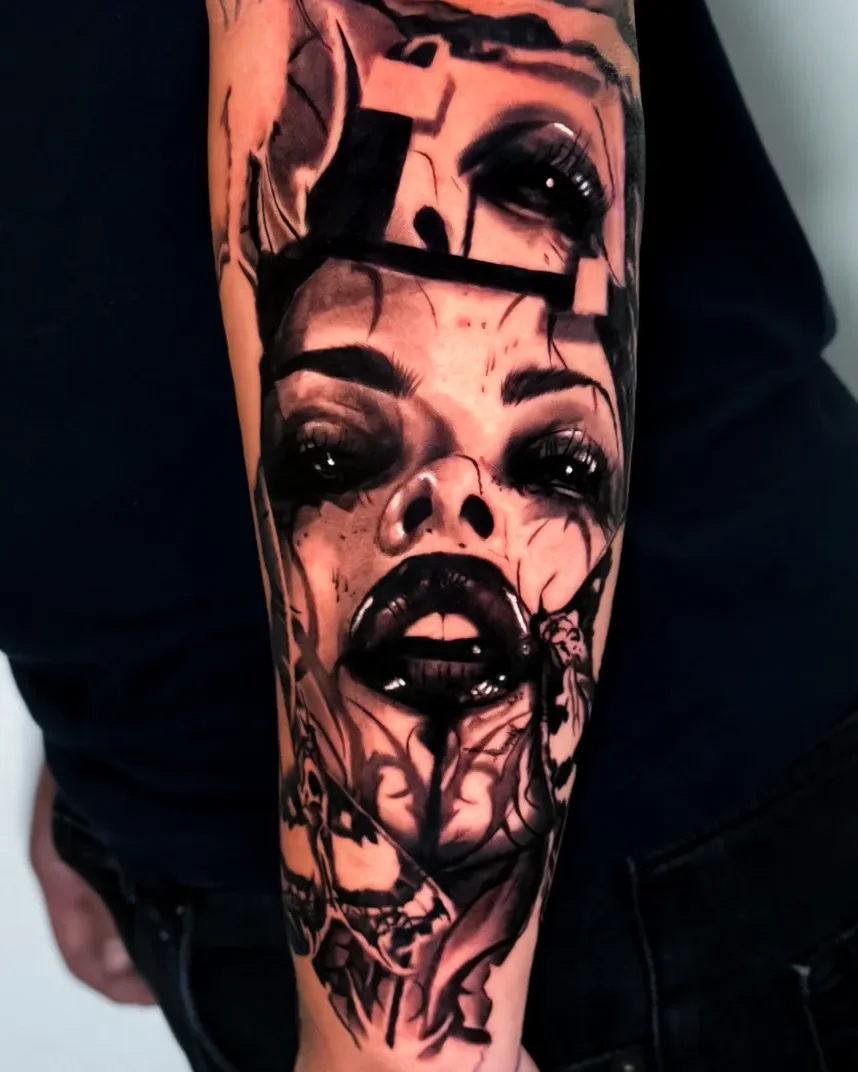 Surreal black and grey portrait tattoo on the forearm