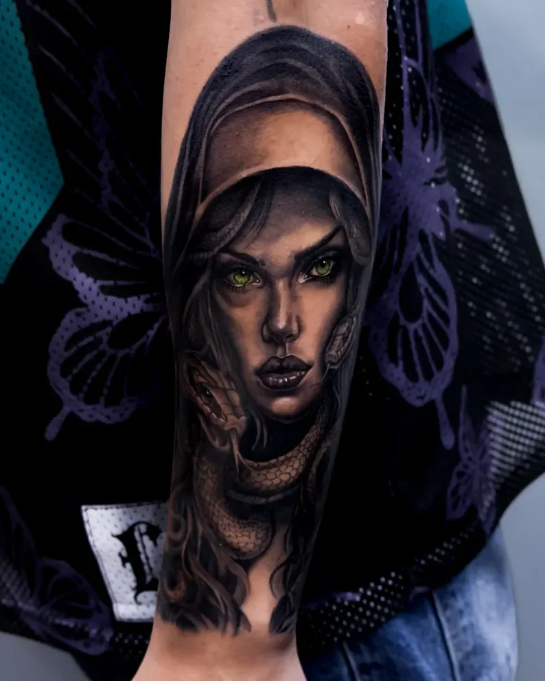 Realism veiled portrait tattoo on the forearm