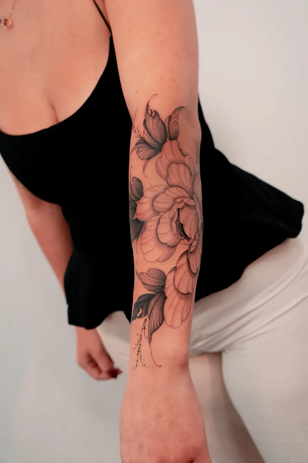 Peony on the forearm — tattoo by Hugo Gonzalez, Funchal, Madeira